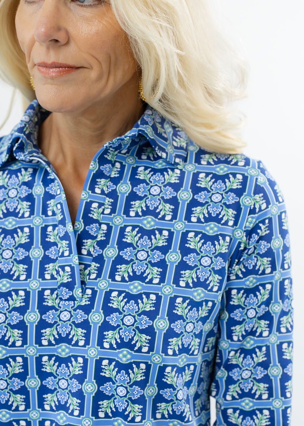 Polo 3/4 Sleeve Top - Tile Art Blue/Green