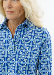 Polo 3/4 Sleeve Top - Tile Art Blue/Green