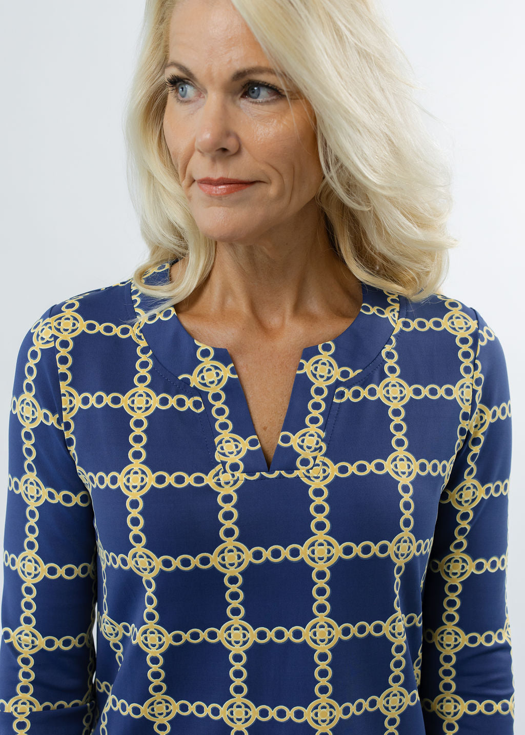 Lucille 3/4 Sleeve Dress - Medallion Chain Blue/Tan