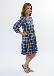 Louisa 3/4 Sleeve Dress - Medallion Chain Blue/Tan