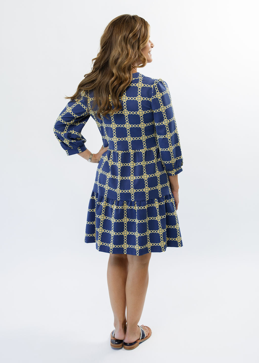 Louisa 3/4 Sleeve Dress - Medallion Chain Blue/Tan