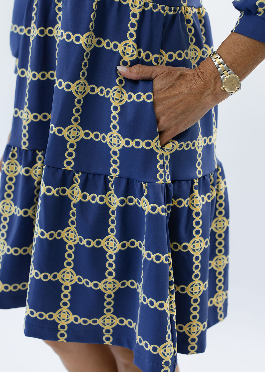 Louisa 3/4 Sleeve Dress - Medallion Chain Blue/Tan