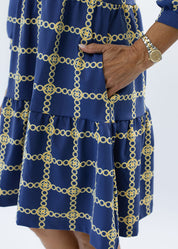 Louisa 3/4 Sleeve Dress - Medallion Chain Blue/Tan