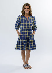 Louisa 3/4 Sleeve Dress - Medallion Chain Blue/Tan