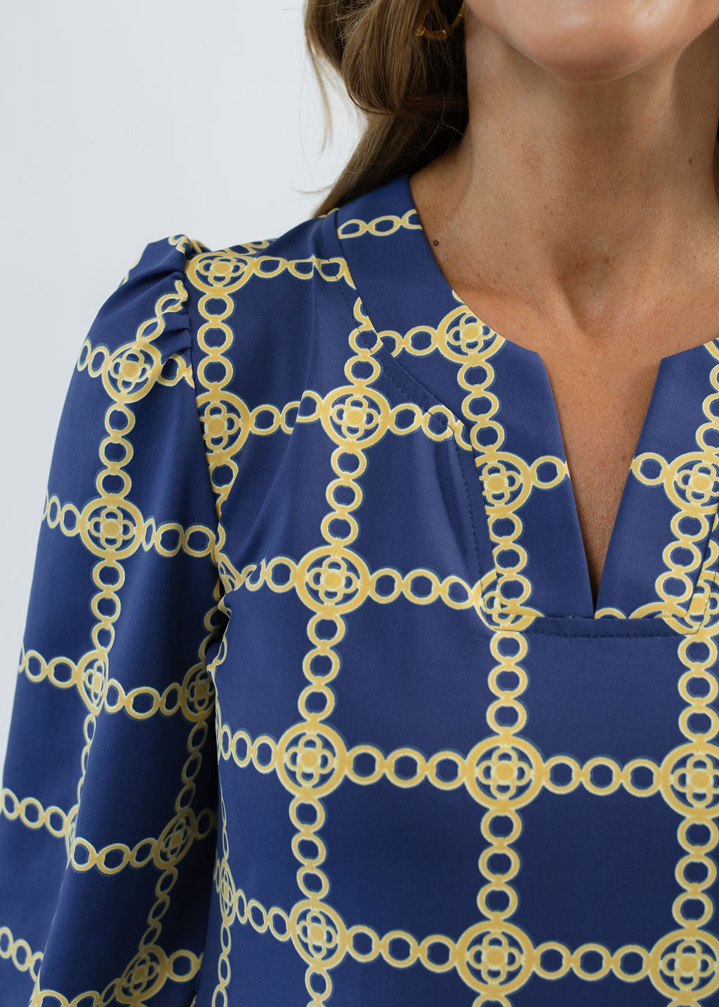 Louisa 3/4 Sleeve Dress - Medallion Chain Blue/Tan