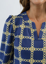 Louisa 3/4 Sleeve Dress - Medallion Chain Blue/Tan