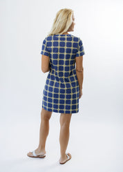 Lucille Short Sleeve Dress - Medallion Chain Blue/Tan