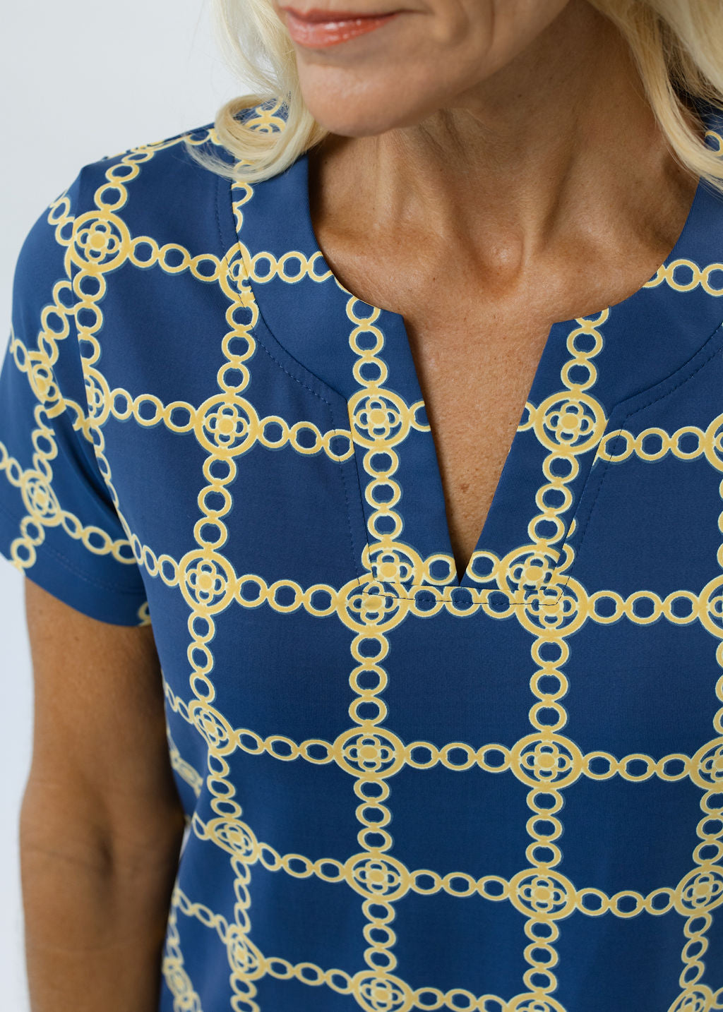 Lucille Short Sleeve Dress - Medallion Chain Blue/Tan