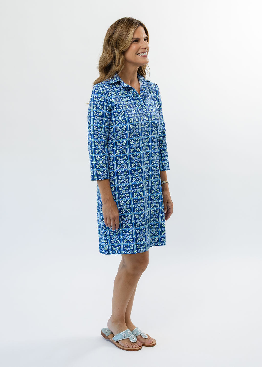 Polo 3/4 Sleeve Dress - Tile Art Blue/Green