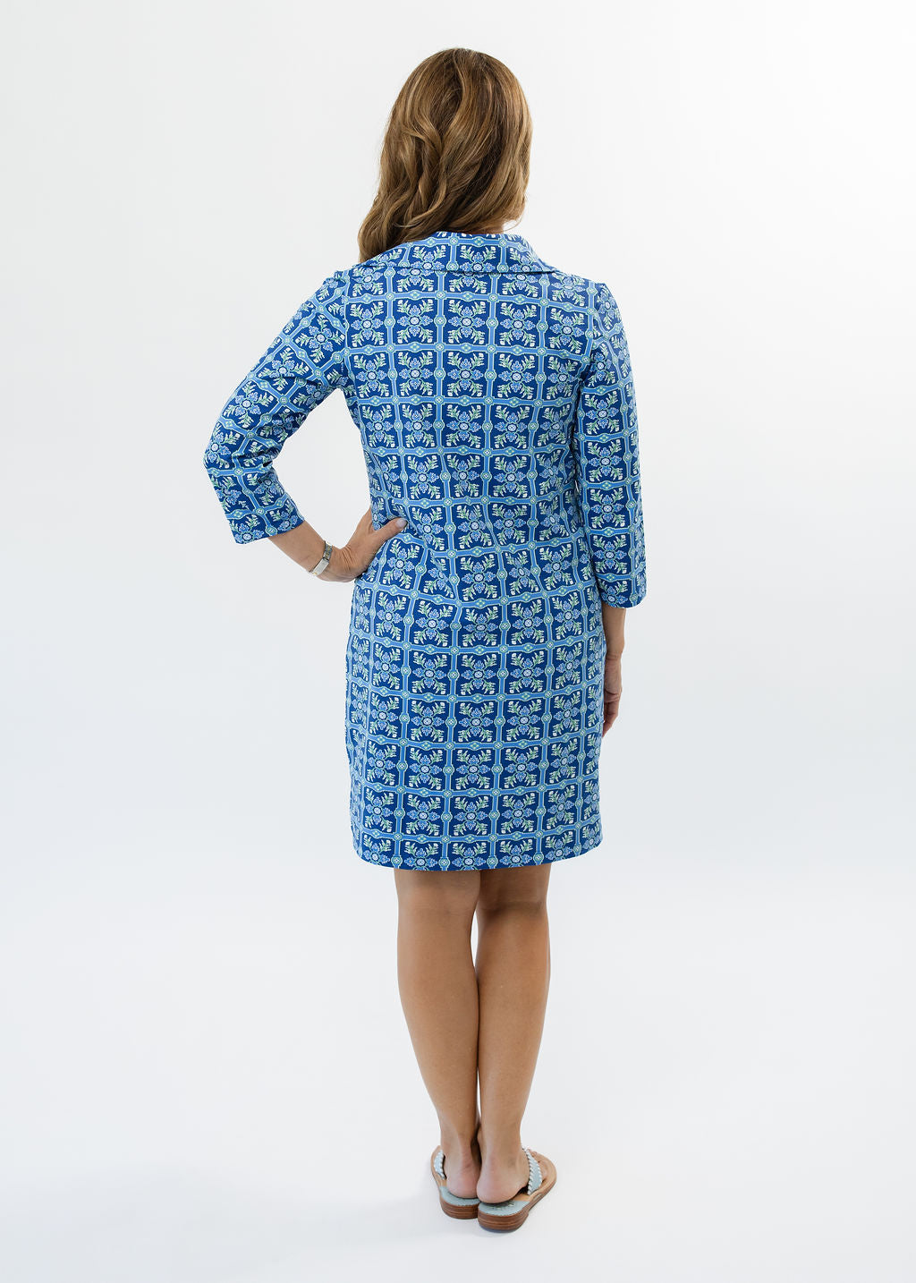 Polo 3/4 Sleeve Dress - Tile Art Blue/Green