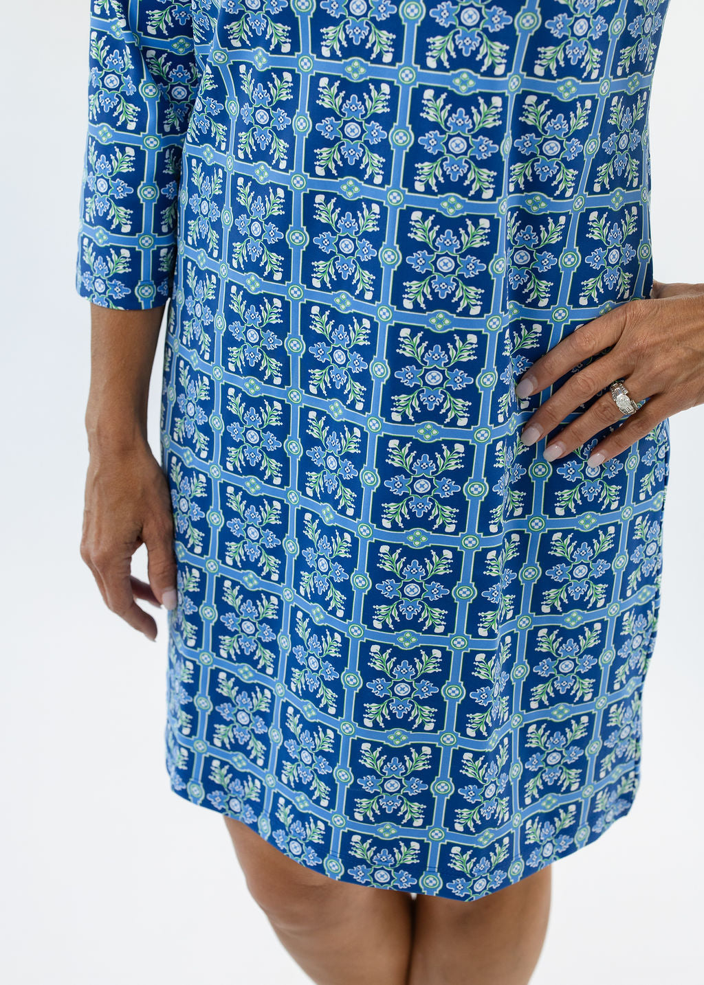 Polo 3/4 Sleeve Dress - Tile Art Blue/Green