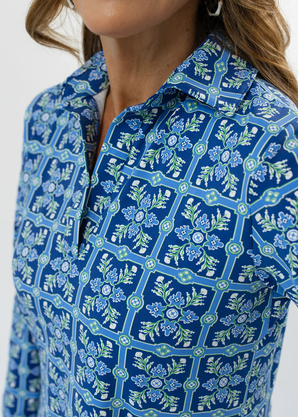 Polo 3/4 Sleeve Dress - Tile Art Blue/Green