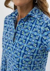 Polo 3/4 Sleeve Dress - Tile Art Blue/Green