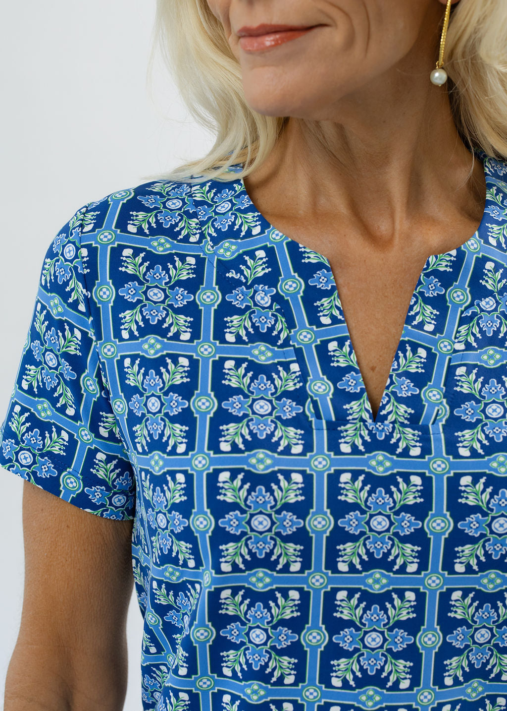 Lucille Short Sleeve Dress - Tile Art Blue/Green