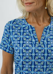 Lucille Short Sleeve Dress - Tile Art Blue/Green