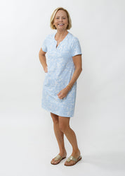 Lucille Short Sleeve Dress - Sea Life Blue/White