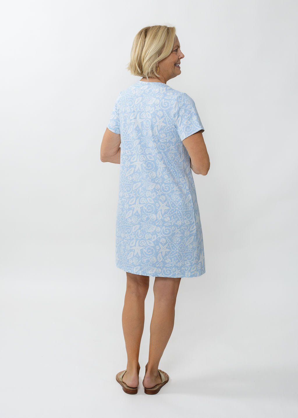 Lucille Short Sleeve Dress - Sea Life Blue/White