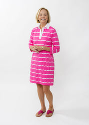 Polo 3/4 Sleeve Dress - Ric Rac Stripe Pink/White