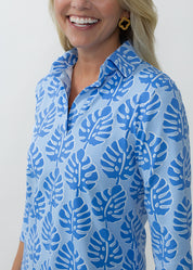 Polo 3/4 Sleeve Top - Palm Stripe Blue - FINAL SALE