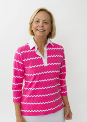 Polo 3/4 Sleeve Top - Ric Rac Stripe Pink/Wht