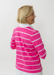 Polo 3/4 Sleeve Top - Ric Rac Stripe Pink/Wht