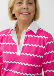 Polo 3/4 Sleeve Top - Ric Rac Stripe Pink/Wht