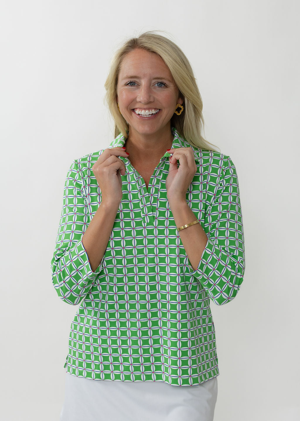 Polo 3/4 Sleeve Top - Daisy Squared Pink/Green