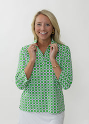 Polo 3/4 Sleeve Top - Daisy Squared Pink/Green