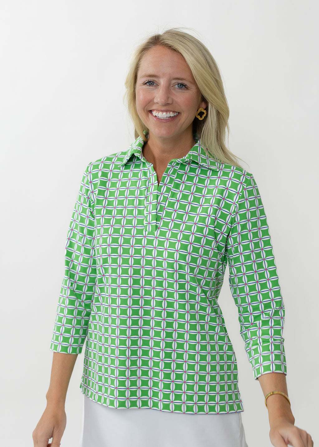 Polo 3/4 Sleeve Top - Daisy Squared Pink/Green