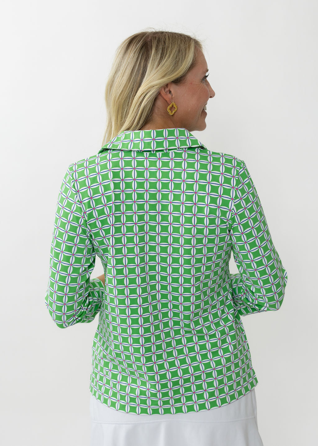 Polo 3/4 Sleeve Top - Daisy Squared Pink/Green
