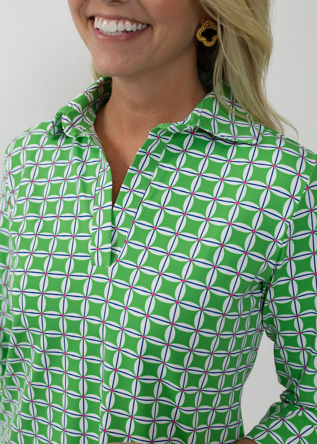 Polo 3/4 Sleeve Top - Daisy Squared Pink/Green