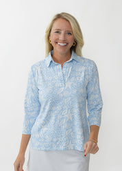 Polo 3/4 Sleeve Top - Sea Life Blue/White - FINAL SALE