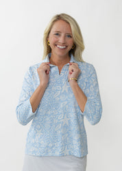 Polo 3/4 Sleeve Top - Sea Life Blue/White - FINAL SALE
