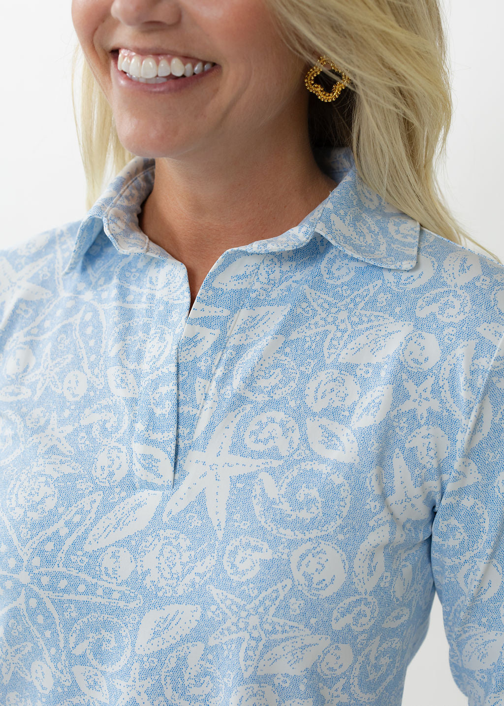 Polo 3/4 Sleeve Top - Sea Life Blue/White - FINAL SALE