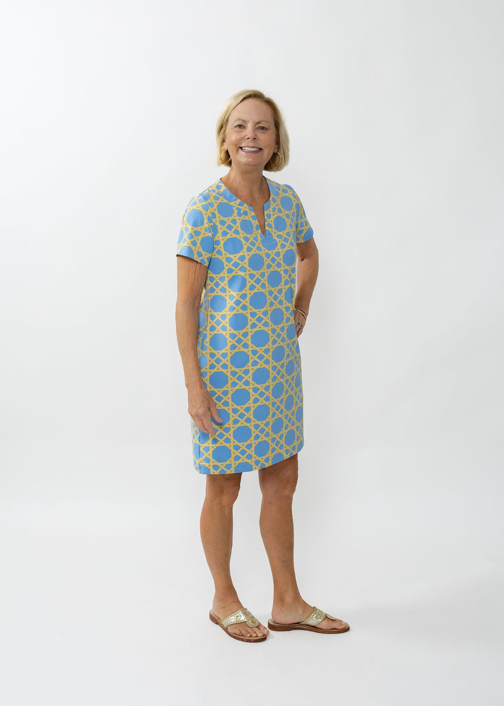 Lucille Short Sleeve Dress - Large Bamboo Blue/Tan - FINAL SALE