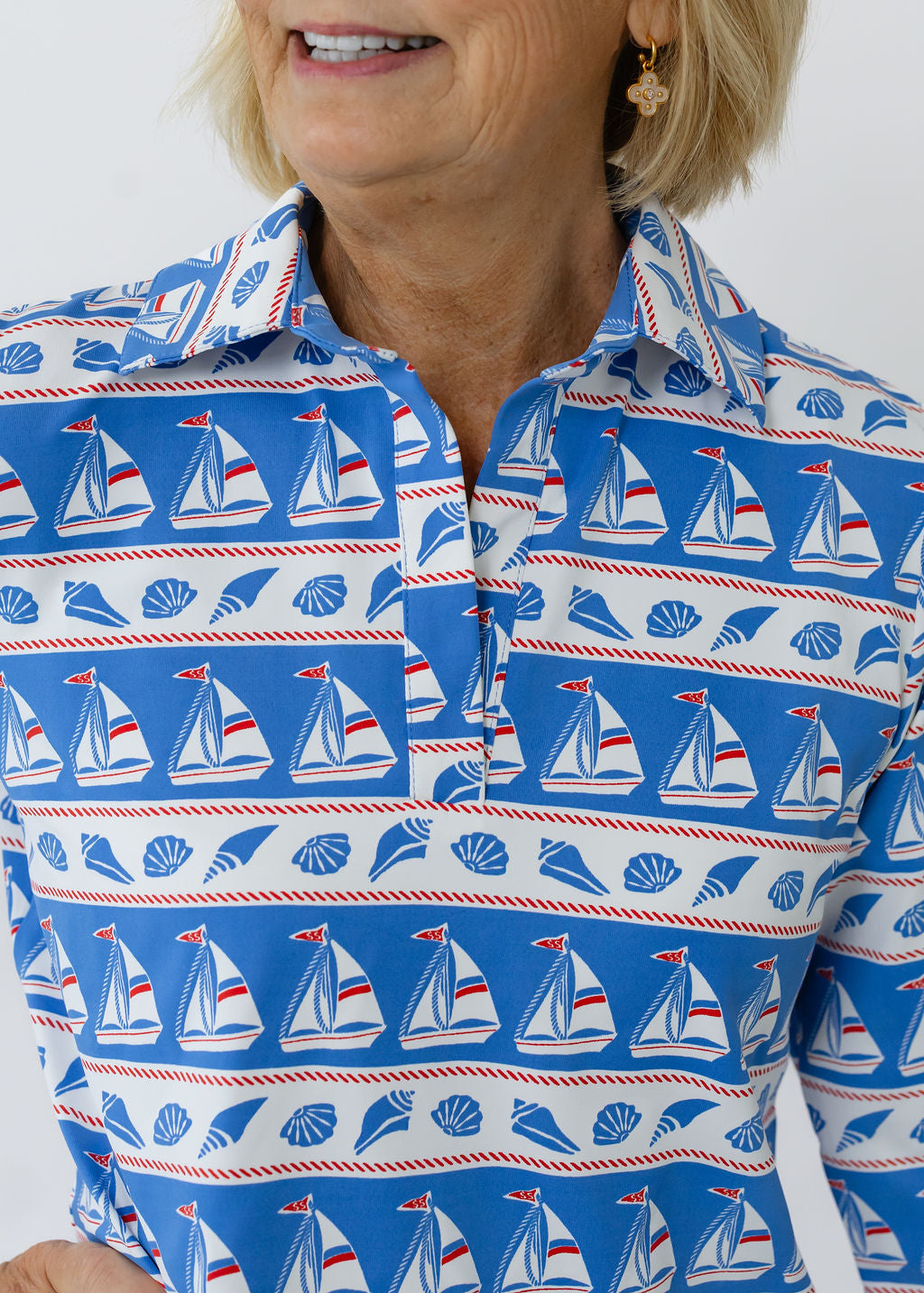 Polo 3/4 Sleeve Top - Sailboats & Shells