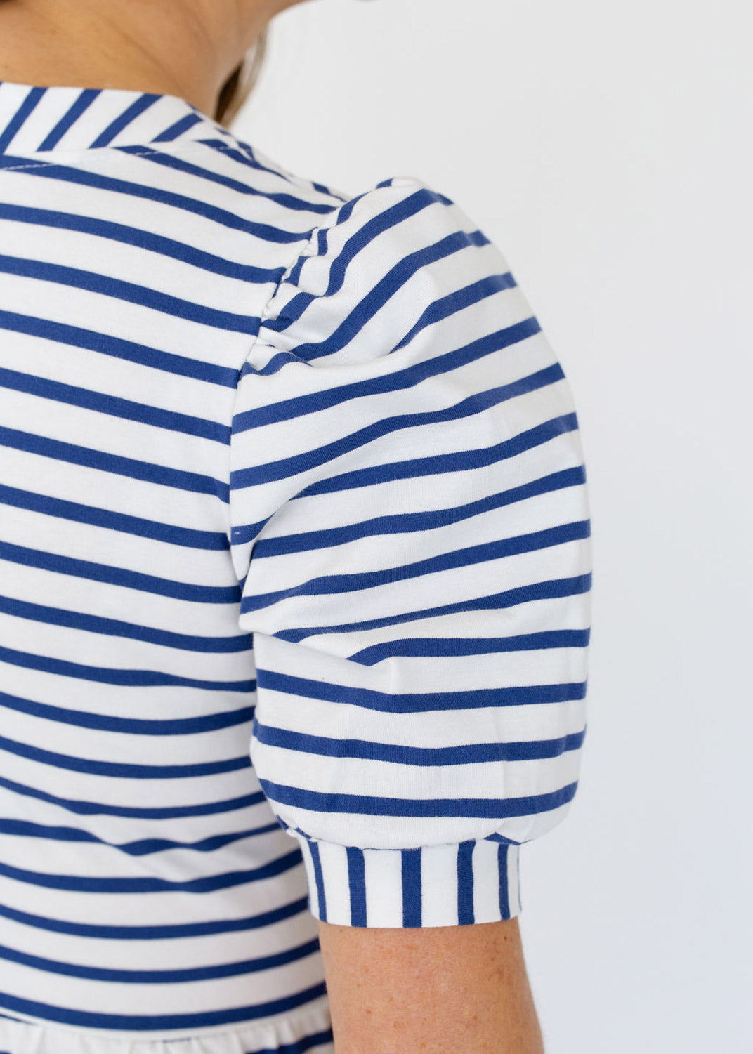 navy blue white striped dress Off White and Navy Striped Sweetheart Midi Dress main image 0