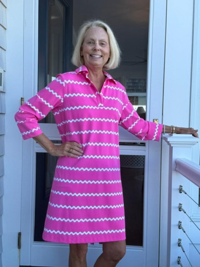 Polo 3/4 Sleeve Dress - Ric Rac Stripe Pink/Wht - FINAL SALE