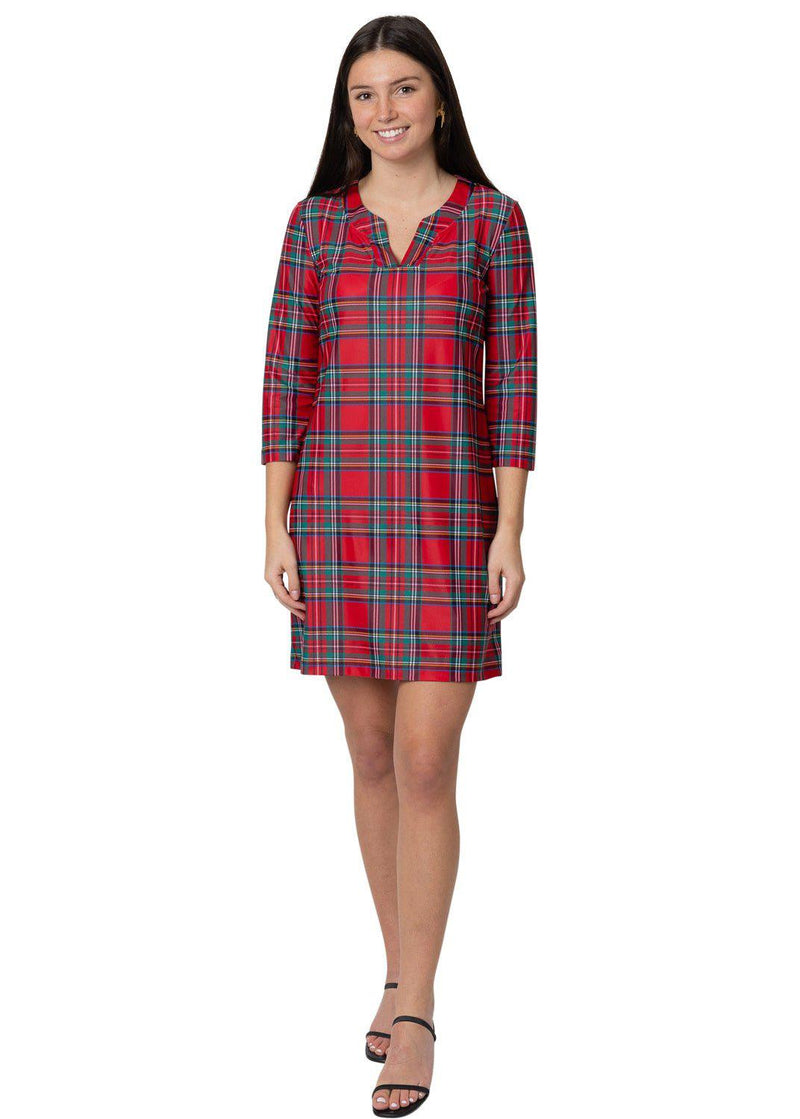 Lucille 3/4 Sleeve Dress - Red Plaid Nylon-2
