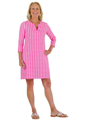 Lucille 3/4 Sleeve Dress - Gingham Hot Pink/White
