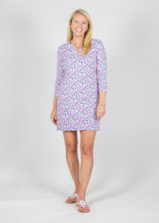 Lucille 3/4 Sleeve Dress - Field of Dahlias Blue/Pink