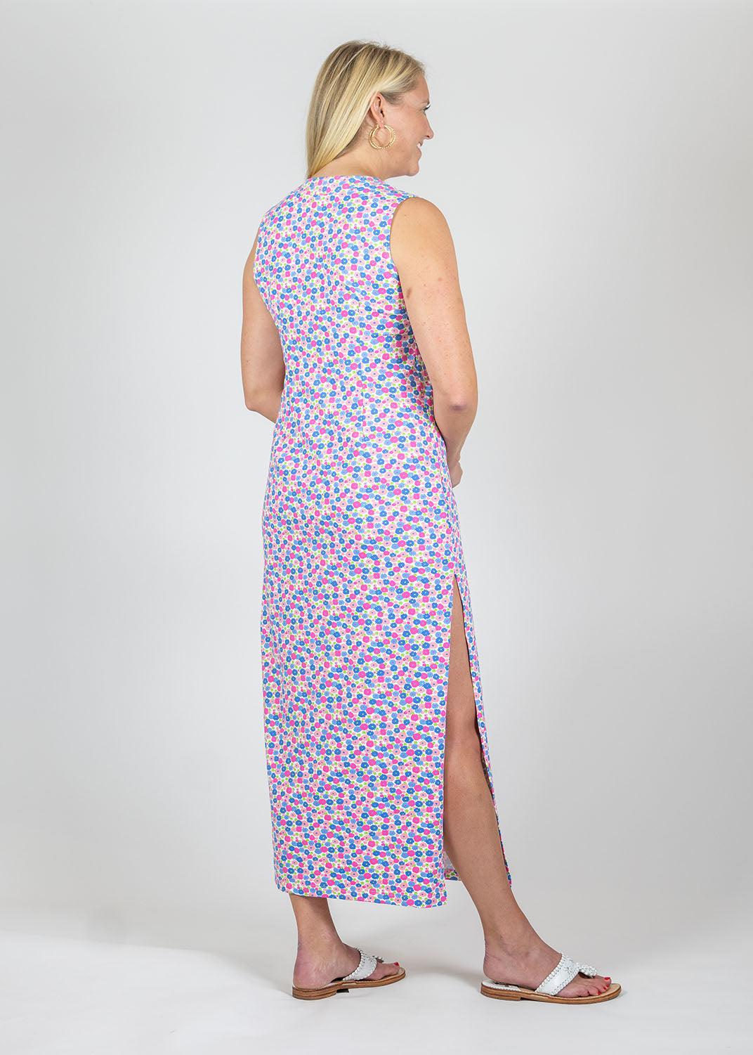 Lucille Maxi Dress - Field of Dahlias Blue/Pink