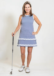 Daisy Sport Dress - Blue Pinstripe/White ric rac - FINAL SALE