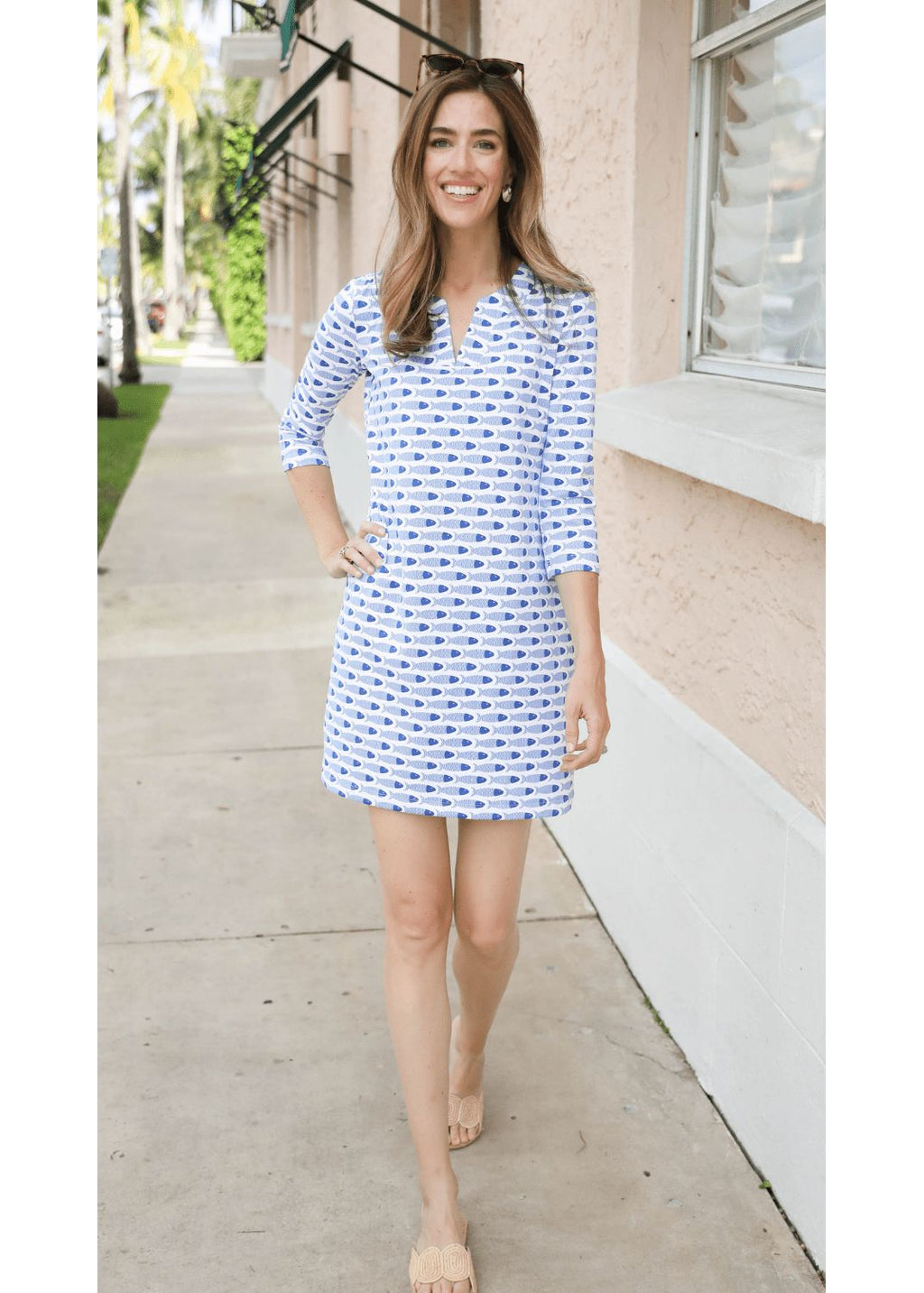 Lucille 3/4 - Length Sleeve Dress - School of Fish Blue & Pink