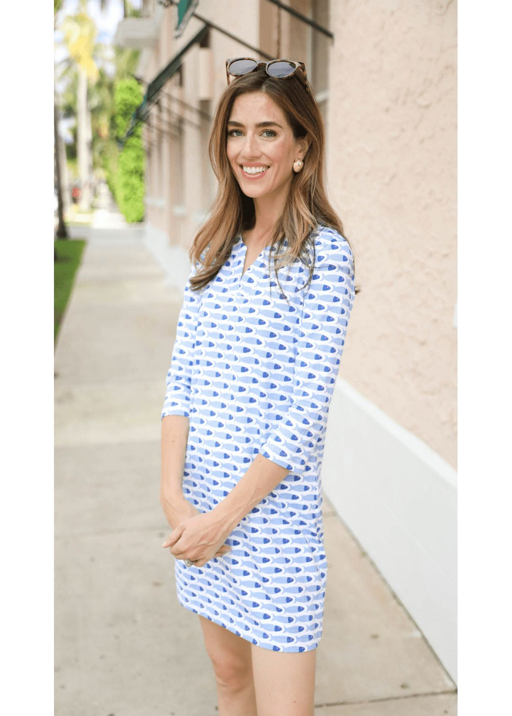 Lucille 3/4 - Length Sleeve Dress - School of Fish Blue & Pink-2