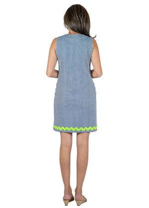 Lucille Sleeveless Dress - Blue Pinstripe with Lime Ric Rac-2