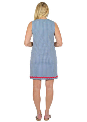 Lucille Sleeveless Dress - Blue Pinstripe with Red Ric Rac - FINAL SALE