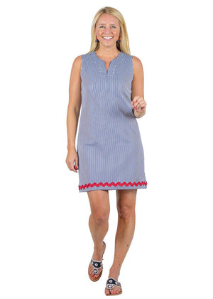 Lucille Sleeveless Dress - Blue Pinstripe with Red Ric Rac