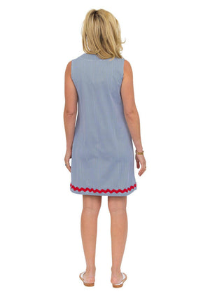 Lucy Dress - Blue Pinstripe with Red Ric Rac - FINAL SALE