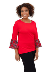 Haley Top - Red Ponte/Red Plaid Cuff - FINAL SALE